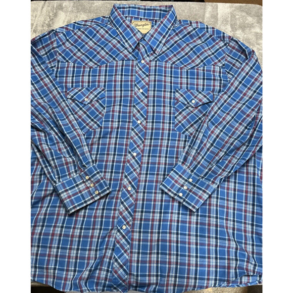 Wrangler Other - Wrangler Shirt Men's 3XL Western Cowboy Rancher Pearl Snap Plaid Blue Red Rodeo